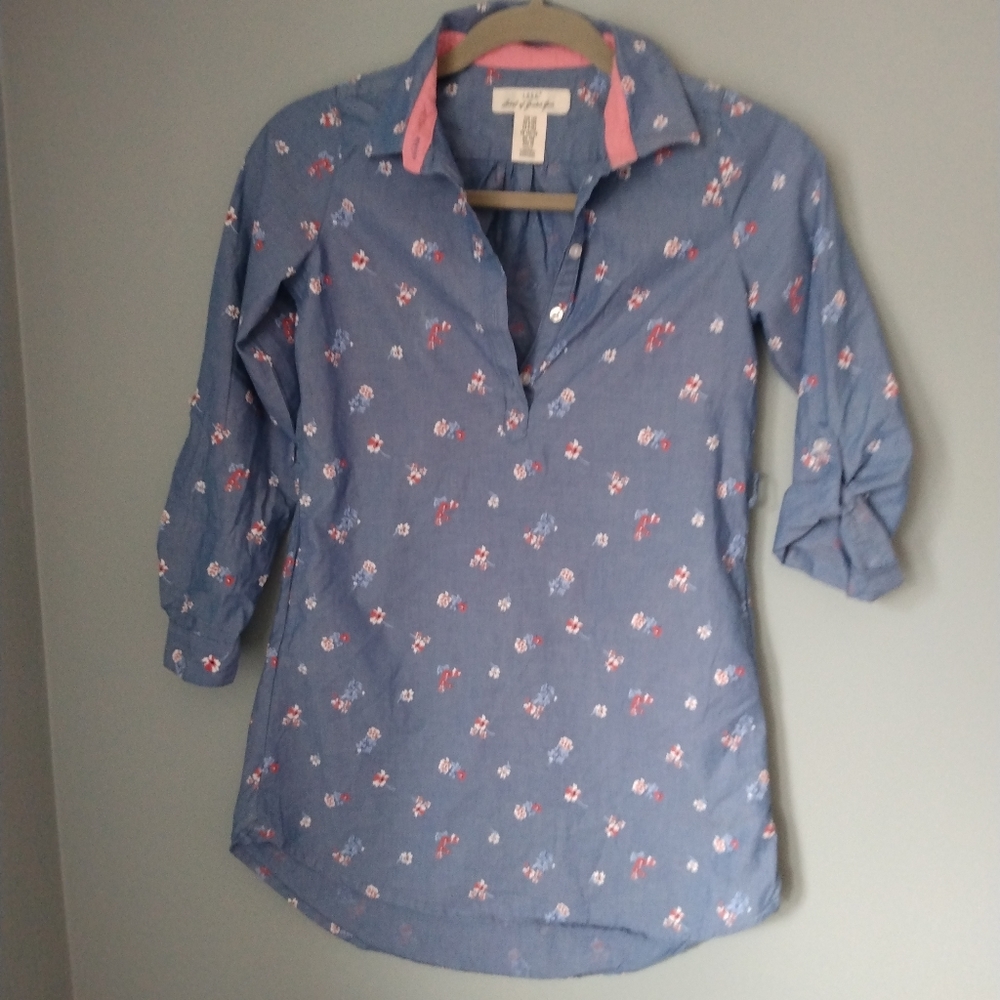 Youth Blue Flower Tunic with Button closure, Long Sleeves, Pockets! 100% Cotton